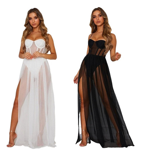 Maxi Vestido Largo Transparente De Encaje Blanca Para Damas