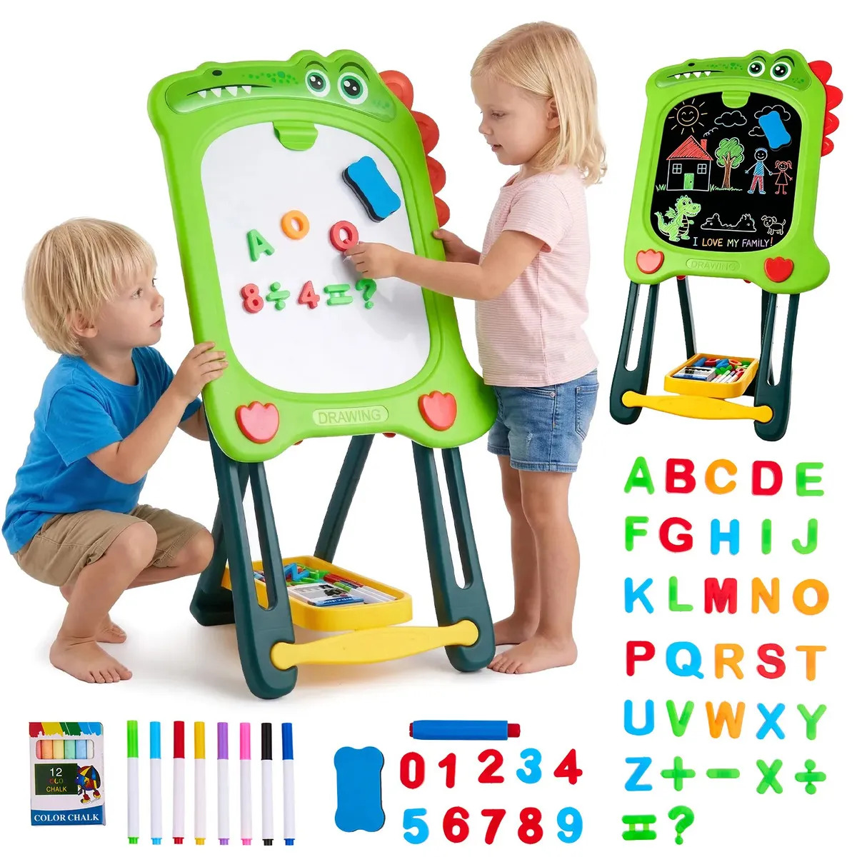 Lictin Caballete De Arte Para Niños De Doble Cara De Ajustable,Caballete Pizarrón Tablero Doble Cara Magnético,Incluye Rotuladores, Tizas Y Letras y números magnéticos,Regalos para