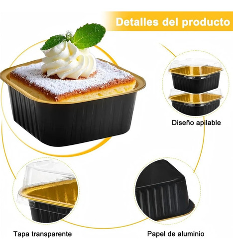 BANNA 50 Molde Para Tarta De Aluminio Desechable Con Tapa+cuchara,5 oz Mini Moldes para Tartas, Moldes Cuadrados de Foil para Tartas de Bodas, Fiestas y Cumpleaños, 9*9*3.5cm,Negro