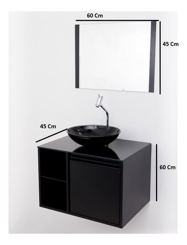 Gabinete Para Banheiro Italia Completo Em Mdf 60cm Bracasa Cor da pia Preto Cor do móvel Preto Quantidade de furos para torneira Um furo