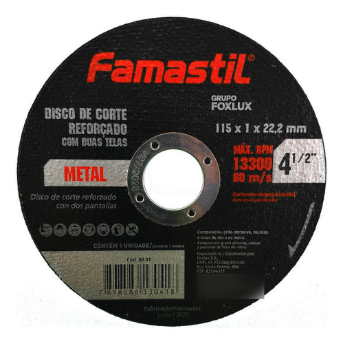 Kit 10 Disco Corte Metal Reforçado 4.1/2 - Famastil Cor Preto