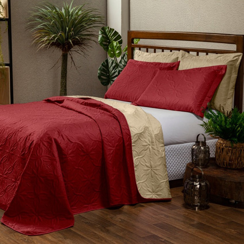 Cobre Leito Para Cama Queen Floral Kit 3 Peças - Vermelho