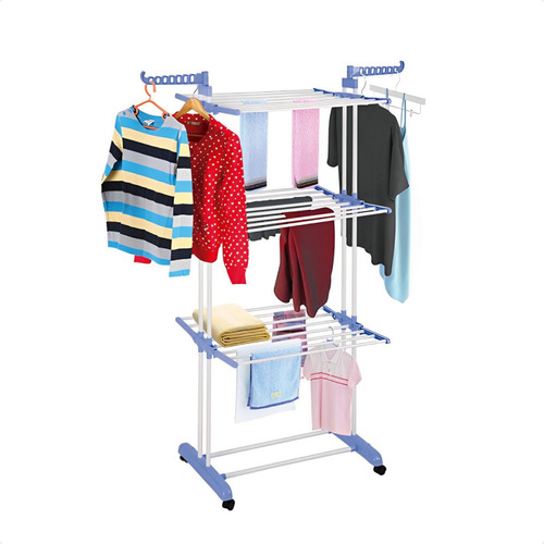 Varal De Chão De Pe Grande Vertical 3 Andares Dobrável Roupa Cor Branco Detalhe Azul