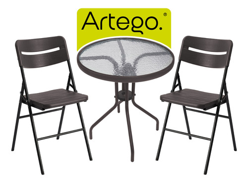 Mesa Circular De Vidrio Color Café Obscuro De 60cm + 2 Sillas De Plástico Hdpe Acabado Tipo Madera Para Exteriores Para Jardín Balcón Terraza Estructura De Acero Reforzado