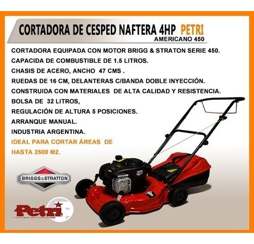 Cortadora De Cesped Petri 4.5 Hp A Nafta Bolsa Motor Briggs