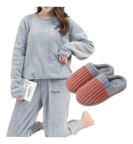 Pijama Polar Mujer Adulto 2 Piezas + Pantuflas 