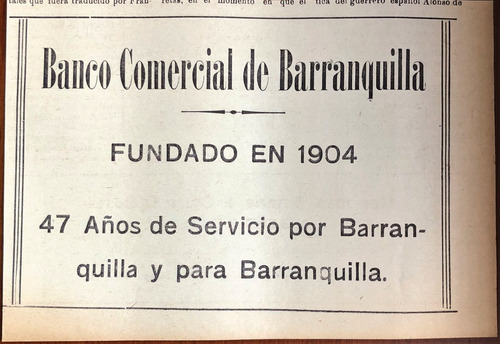 Banco Comercial De Barranquilla Antiguo Aviso De 1951