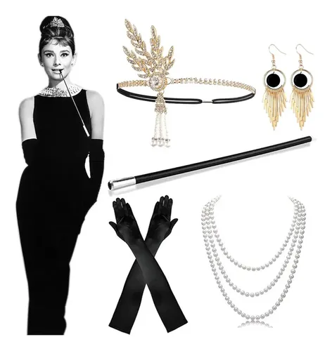 TRWWELL Juego de accesorios de gran Gatsby de los años 20 para mujer, diadema de aleta, collar largo de perlas, aretes colgantes de diamantes de imitación, conjunto de joyas vintage de