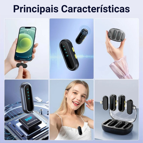 Microfone De Lapela Sem Fio Duplo Tipo-c E iPhone Som Profissional Com Modo Compartilhado Ou Independente Para Gravações Vídeos E Lives Com Áudio Limpo E Cancelamento De Ruído Plug Play Bateria Longa