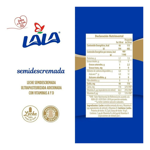 Leche Lala Semidescremada 12 Pzs. 1 L. C/u (2 Cajas)
