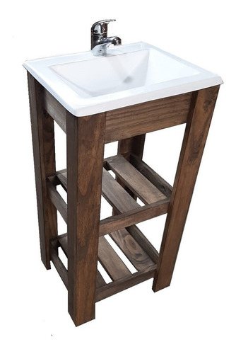 Mueble para baño DF Hogar Campo pie + bacha de 50cm de ancho, 80cm de alto y 37cm de profundidad, con bacha color blanco y mueble nogal oscuro con un agujero para grifería