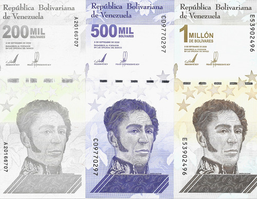 Venezuela Set 3 Billetes 200 Mil A 1 Millón 2020 - Sin Circ.