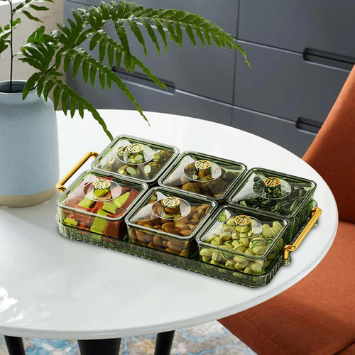 Bandeja De Frutas Secas Con Tapa, Cuenco 6 Cuadrícula Verde