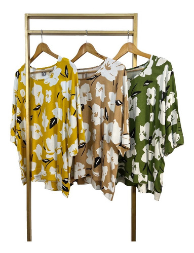 Blusa De Lino Estampado Manga 3/4 Talle Grande Xl