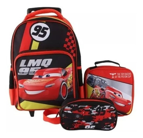 Mochila Escolar Con Ruedas Cars Rayo M + Lonchera + Estuche