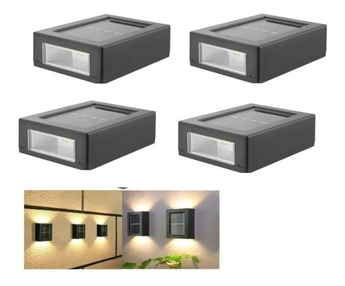 Pack 4 Apliques Lampara De Pared Solar Cuadrado Led Exterior