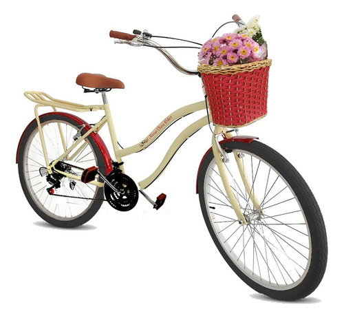 Bicicleta de passeio Maria Clara Bikes Passeio aro 26 17" 18v freios v-brakes câmbios Yamada cor bege/vermelho com descanso lateral