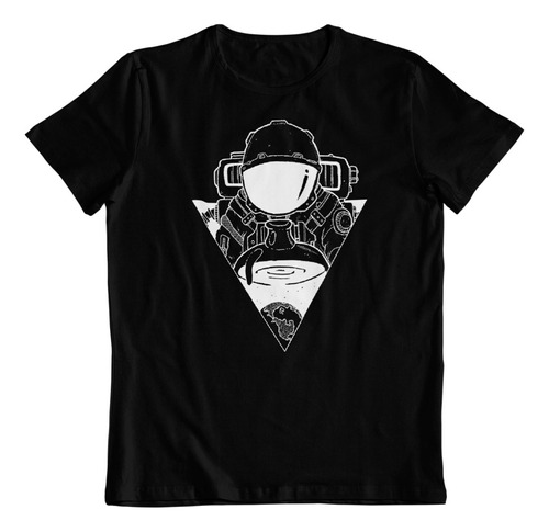 Polera Negra Algodon - Dtf - Astronauta Observando Planetas