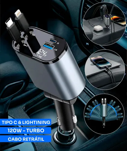 Carregador Veicular Automotivo 12v Com Cabo Retrátil Para Carros Caminhão Plug Acendedor Carga Rápida 120w 80cm Adaptador Isqueiro Tipo-c E Ios Entrada Usb Charger Turbo 4 Em 1 Carregador Veicular