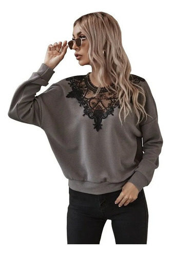 Shein Blusa Tipo Sudadera Con Encaje Y Hombros Caidos