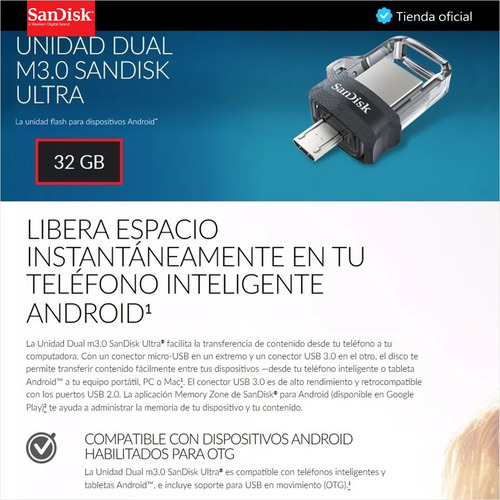 Sandisk Ultra Dual M3.0, Memoria Flash Usb / Otg De 32gb