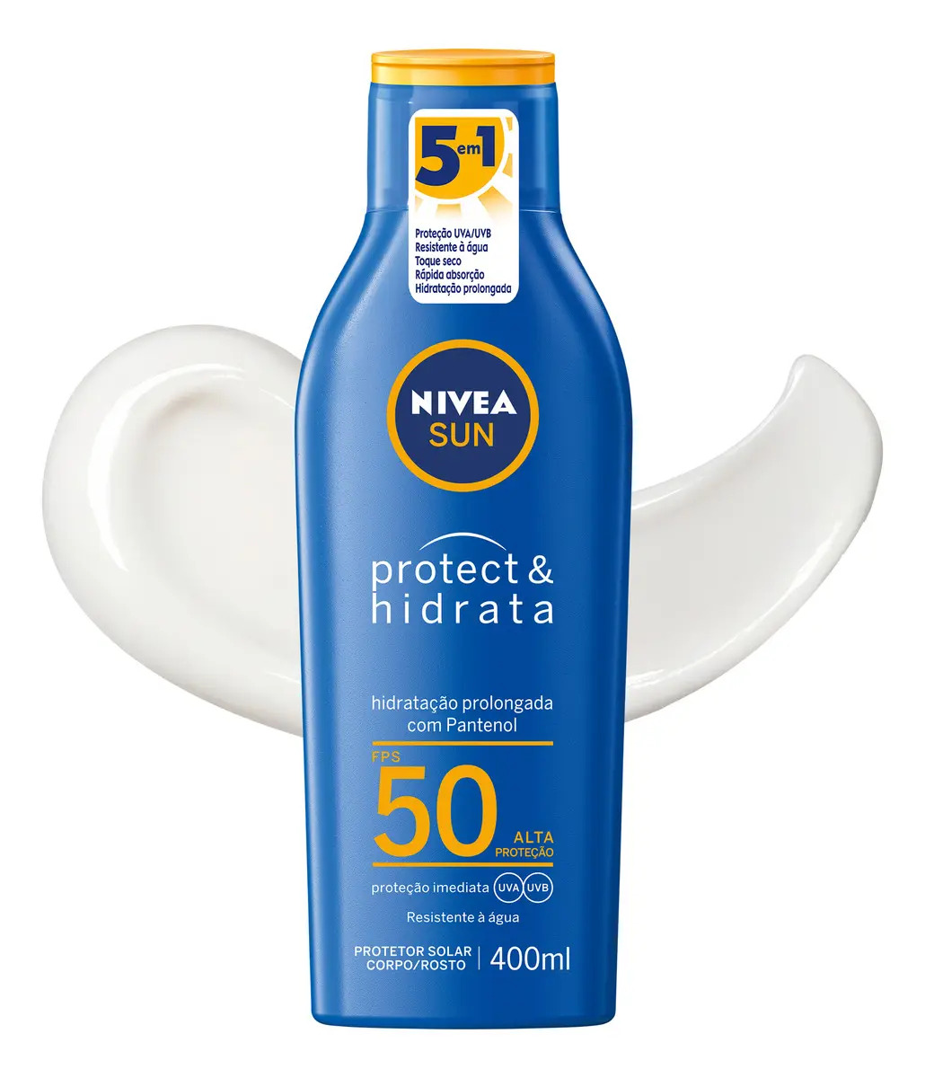 NIVEA SUN Protetor Solar Protect & Hidrata FPS 50 400ml, Alta Proteção UVA/UVB, Hidratação Prolongada, Rápida Absorção, Pantenol, Cuidado Solar Corporal e Facial