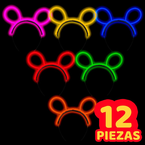 12 Diademas Mickey Colores Luz Neón Glow Fiesta Mayoreo