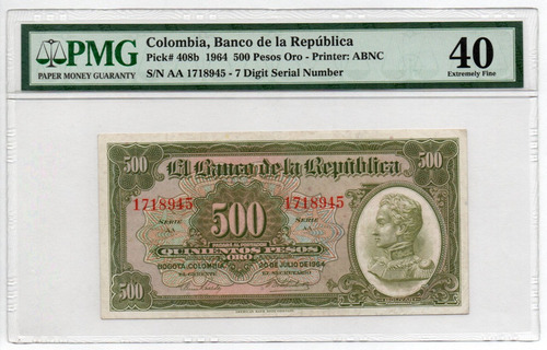 Billete Colombia 500 Pesos Certificado 20 De Julio De 1964