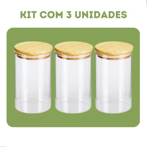 Kit 3 Potes 600ml Bambu Hermético Vidro Temperos Mantimentos