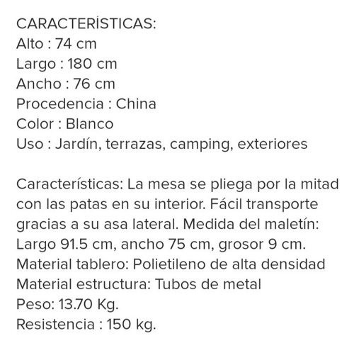 Mesa Plegable De 1,80 Mt X 0,76 Cmts Camping