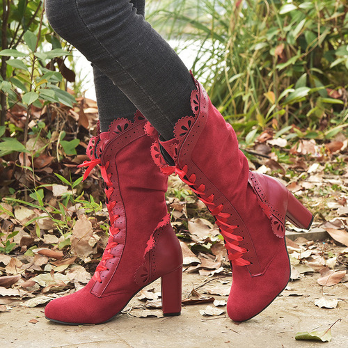 Botas A Media Pantorrilla Con Tacón Y Cordones Para Mujer