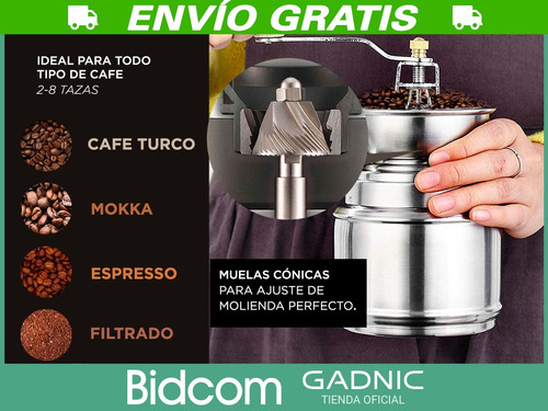 Imagen 3 de 10 de Molinillo De Cafe Manual Grosor Ajustable Acero Inox Gadnic