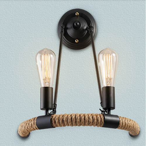 Lámpara De Pared Vintage De Cuerda Negra Con 2 Lámparas