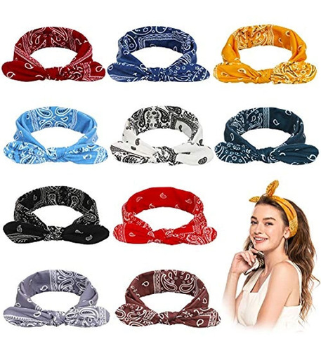 10 Piezas Bandana Diadema Mujeres Elastico Paisley Bow Hair