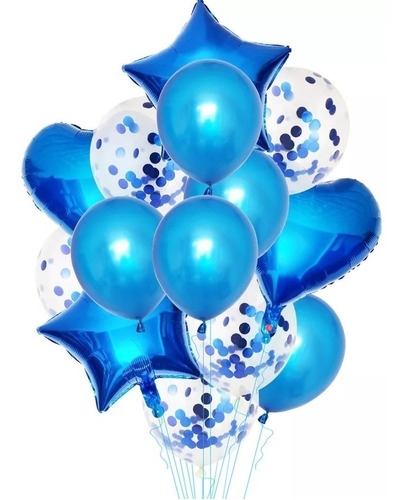 14 Globos Color Azul Látex Confeti Corazon Y Estrella