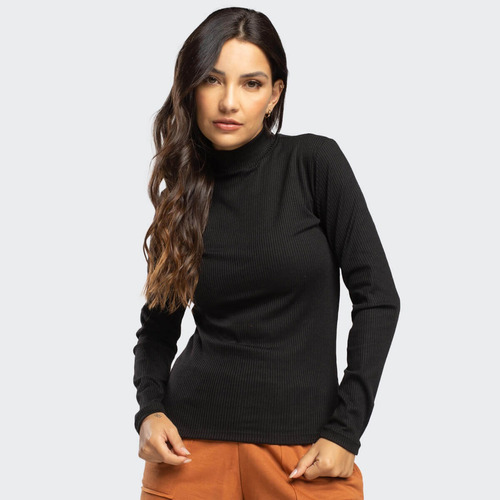 Blusa Canelada Manga Longa Gola Alta Moda Feminina Inverno