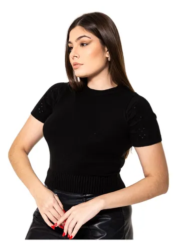 Blusa Feminina Tricot Modal Jasmim Preta Tendência Moda Verão 2022