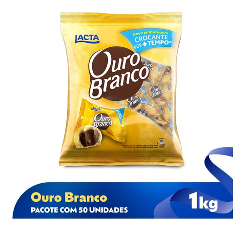 Pacote de bombons ouro branco com recheio de chocolate e cobertura de chocolate branco 1kg lacta