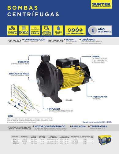 Bomba Centrífuga Para Agua 1-1/2hp Surtek Bc615