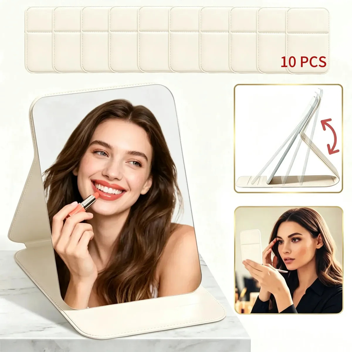 Pack 10 Espelhos de Maquiagem Dobráveis com Suporte, Portáteis e Leves para Eventos