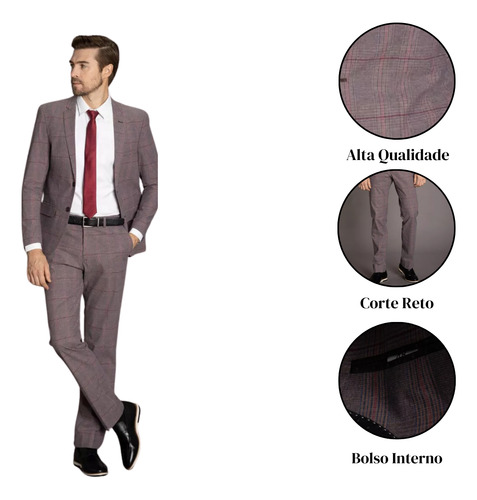 Terno Masculino Estilo Xadrez Clássico Social Semi Slim