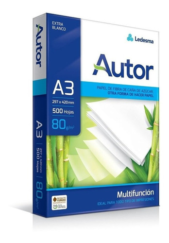 Resma A3 Autor 80grs Ledesma Color Blanco 500 hojas