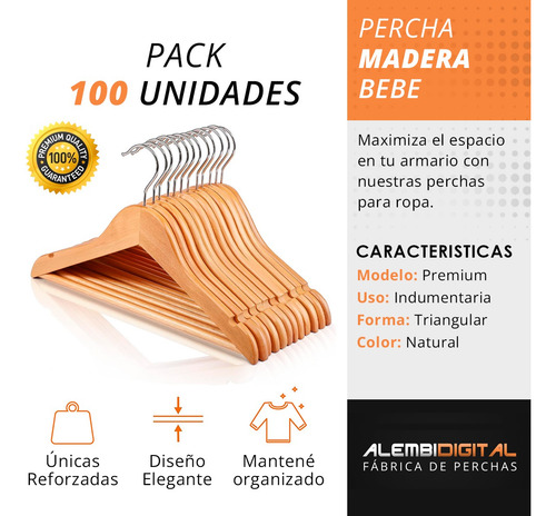 Imagen 3 de 10 de Pack 100 Perchas De Madera Bebes Barnizada Lustrada Infantil