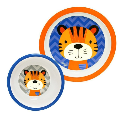 Prato Infantil E Bowl Para Bebe Crianças Estampado Clingo Cor Laranja/Azul Tigre Personagem Tigrinho