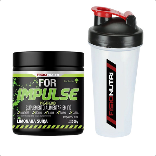 Kit Pré Treino For Impulse 300g + Coqueteleira - Fisionutri Sabor Limonada Suíça