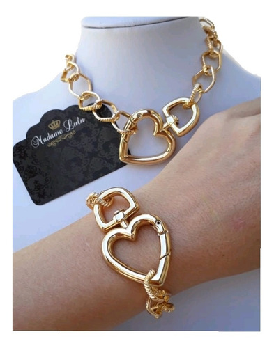 Imagem 1 de 10 de Conjunto Colar E Pulseira Pingente Estrela Coração Corrente