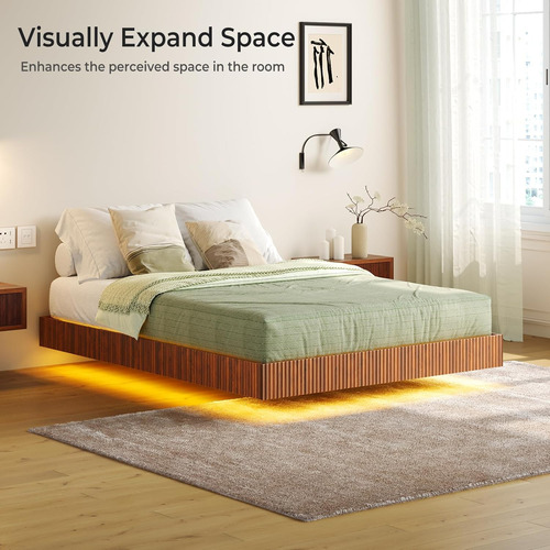 Base De Cama Matrimonial Flotante De Nogal Y Luz Led Marron