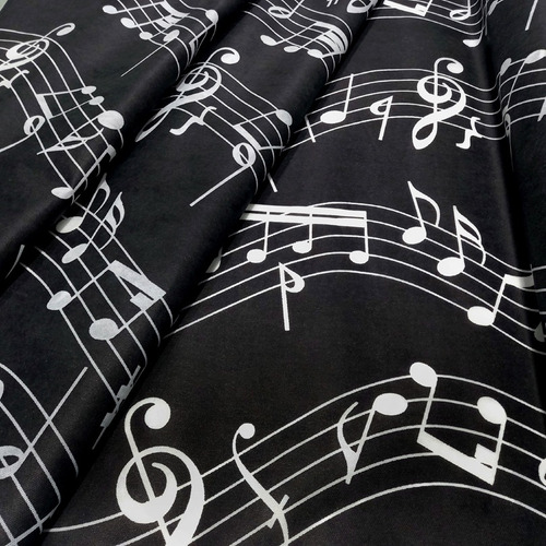 Tnt Estampado Notas Musicais Branco Fundo Preto 1,00m X 1,40