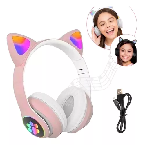 Fone de Ouvido com Orelhinhas de Gato Com Iluminação Led Pisca P2 - ROSA