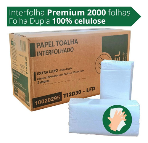 Papel Toalha Interfolha Seca Mãos Folha Dupla C/ 2000 Fls